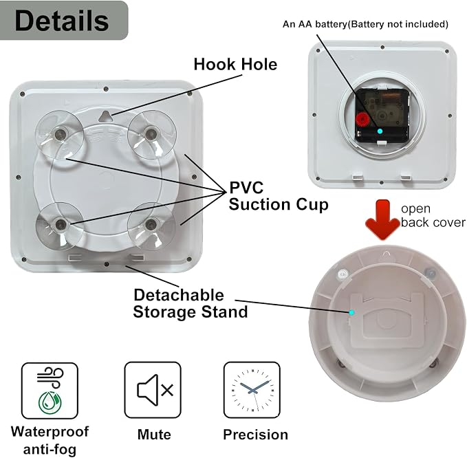 Bathroom Waterproof Wall Clock, Indoor White Wall Clock, Quartz Movement, Plastic Frame, Flexible Choice for Hanging Or Standing, Modern Silent Small Wall Clock for Living Room and Kitchen