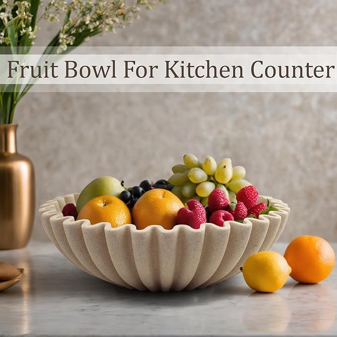 LIN CHUAN Ruffle Decorative Bowl, Large Fruit Bowl for Kitchen Counter, Stylish Key Bowl for Entry Table, Handcrafted Home Decor Display bowl, Artificial Stone Beige