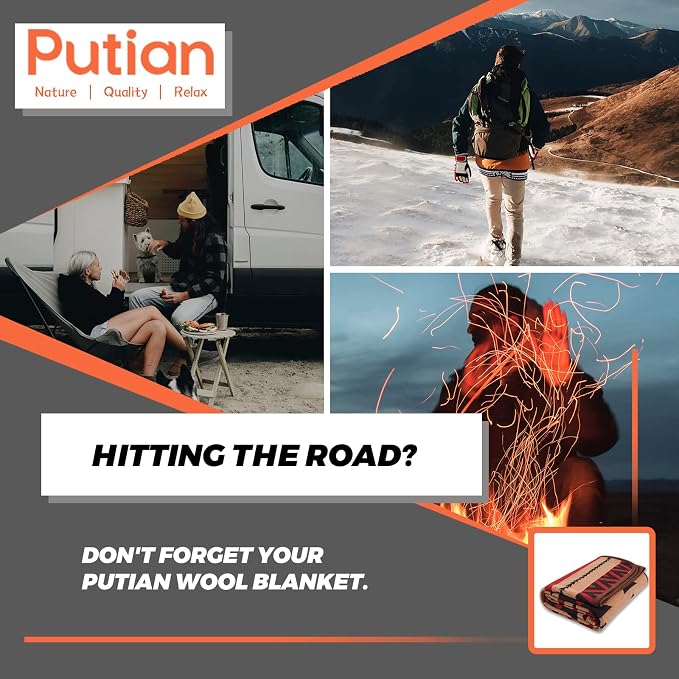 PuTian Merino Wool Blanket, Fire Light Tan, 87" x 63" | Warm, Thick, Washable, Super Soft Striped, For Outdoors, Camping, Couch, Bed, Travel