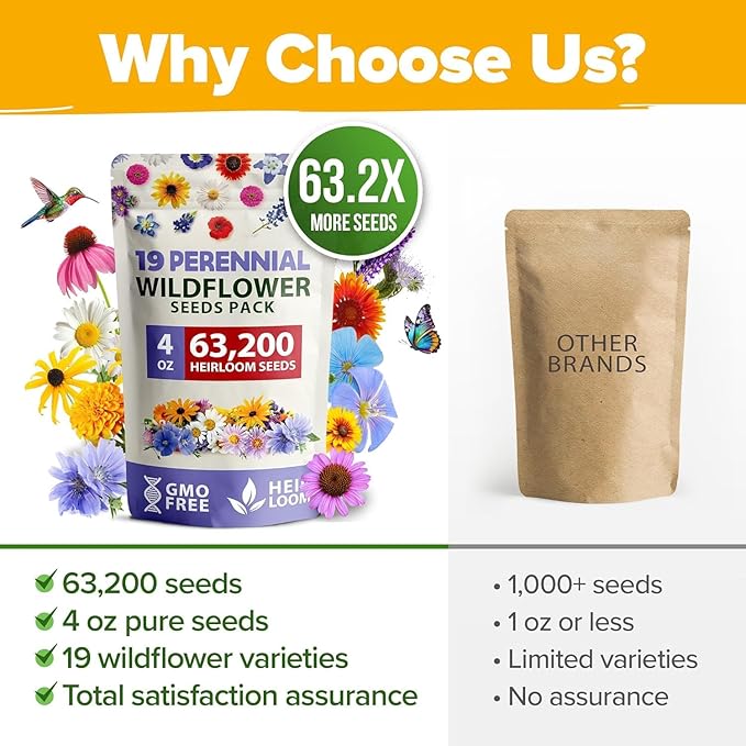 HOME GROWN Wildflower Seeds Bulk Mix | 63,200+ Non-GMO Perennial Flower Seed for Outdoor Planting | 19 Varieties to Attract Bees, Butterflies & Hummingbirds | 4 oz