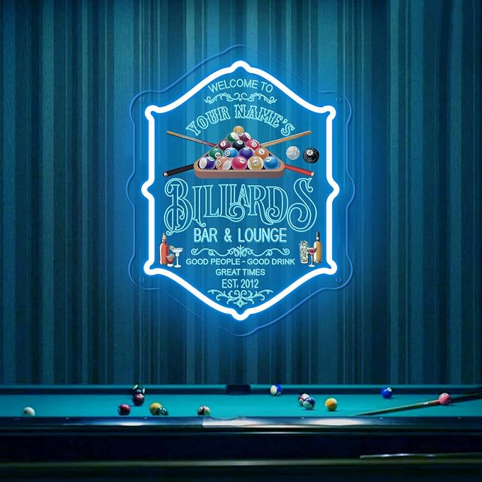 Custom Billiard Bar Neon Sign, Personalized LED Billiards Name Neon Lights for Wall Decor, Customized Cocktail Bar Light Up Signs Dimmable for Game Room Pool Room Home Pub Man Cave Lounge Business