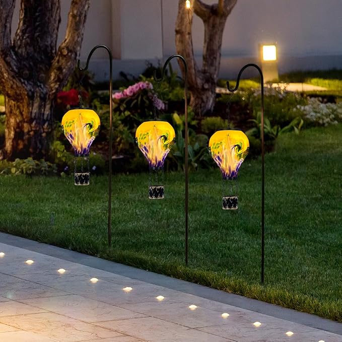 Solar Hot Air Balloon Lantern with Flame | Handmade Glass, Solar Lantern Waterproof, Decorative Lamp for Patio, Garden, Porch, Green & Blue