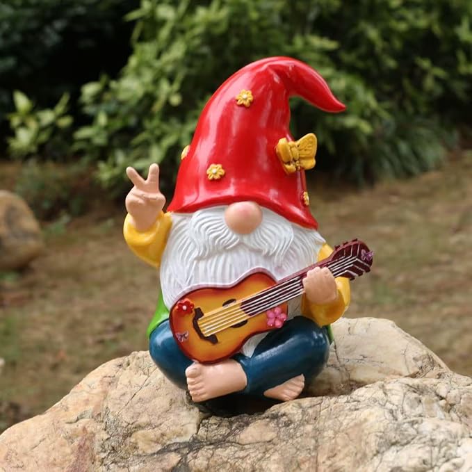 Hippie Garden Gnome Statue,Funny Gnome Figurine with Guitar -9.3‘’ Outdoor Resin Lawn Ornament,Unique Gift for House,Lawn,Patio and Porch, Gifts for Garden Lovers