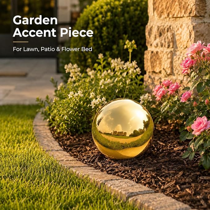 Gazing Ball Garden Mirror Outdoor - 8 Inch Outside Decorative Globe, Gold | Metal Polished Reflective Sphere, Stainless Steel Hollow Decoration Ornament for Home Pond Swimming Pool Housewarming Gift