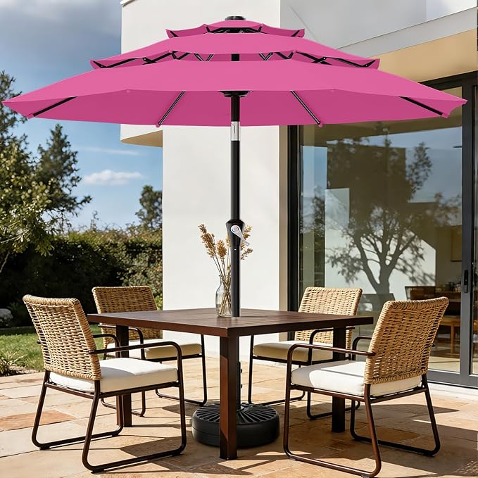 AreShark 9ft 3-Tier Patio Umbrellas, Outdoor Umbrella with 8 Sturdy Ribs UV Protection Windproof, Market Table Umbrella w/Push Button Tilt & Crank for Pool, Porch, Deck, Garden(Rose Pink)