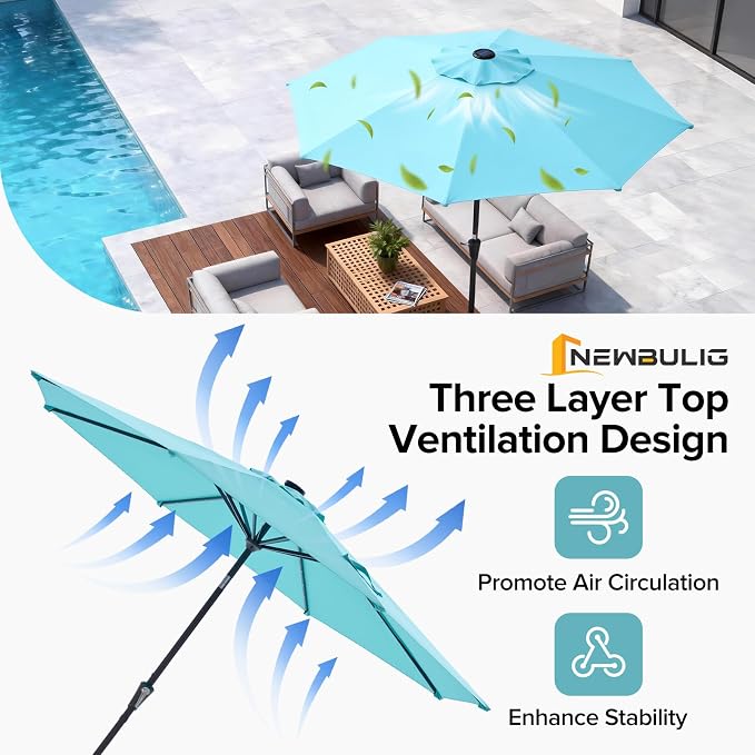 NEWBULIG 10ft Solar Patio Umbrella with 32 LED Lights, Table Market Umbrella with Tilt Adjustment & Crank Lift, Outdoor Sun Umbrella for Garden, Deck, Backyard, Pool and Beach
