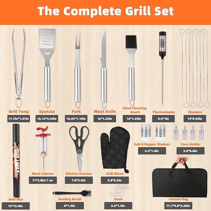 32PCS Grill Accessories Set Grilling Gifts for Men, 16 Inches Heavy Duty BBQ Accessories, Stainless Steel Grill Utensils Set with Thermometer, Grill Tools for Backyard Camping for Men Women - Sliver