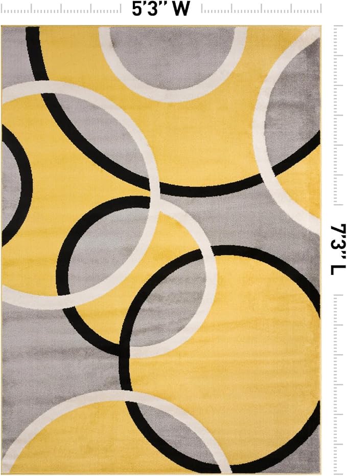 Rugshop Abstract Circles Contemporary Area Rug Yellow 5'3" x 7'3" | Fade-Resistant, Rectangular, Size 5'3" x 7'3", Living Room, Bedroom, Dining Room, Home Office, Kitchen, Entryway, Hallway