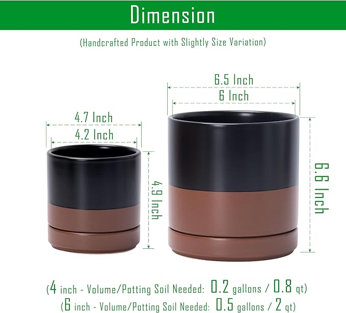 D'vine Dev 4.7 Inch & 6.5 Inch Ceramic Planter Pots for Plants with Drainage Hole and Saucer, Small Plant Pots Set, Black/Speckled Tan, 94-G-S-7