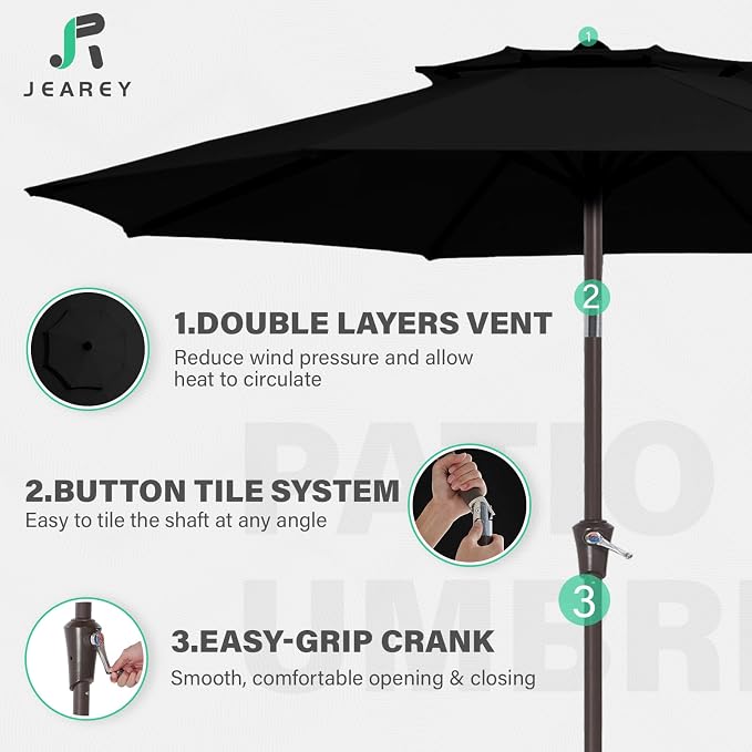 JEAREY 9' 2-Tiers Patio Umbrellas Outdoor Table Market Umbrella w/Push Button Tilt/Crank, 8 Sturdy Ribs, UV Protection Waterproof Sunproof(Black)