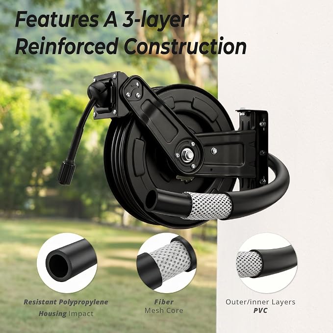 Relhost Pressure Washer Hose Reel, 65 ft x 1/4 inch Retractable Power Washer Hose Reel, Heavy Duty Steel Hose Reel with Dual Arms, Auto Rewind, 180° Swivel Ceiling