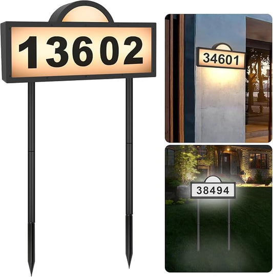 LED Solar Address Sign, Address Numbers for Yard with 2 Colors, Warm White & Cool White, IP 65 Waterproof House Numbers Sign for Outside, Wall Mounted/In Ground Solar House Number kit