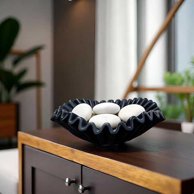 Large Decorative Handmade Bowl Decor, Modern Home Decoration, Fan Shaped Bowl, Ruffle Decor, Stylish Key Bowl for Entry Table, Decorative Fruit Bowl for Kitchen Counter, Black