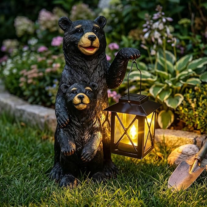 Black Bear Garden Statue with Solar Lantern, Bear Figurine Lights for Outside, Yard Garden Decor Unique Birthday Housewarming Gifts for Women, Mom