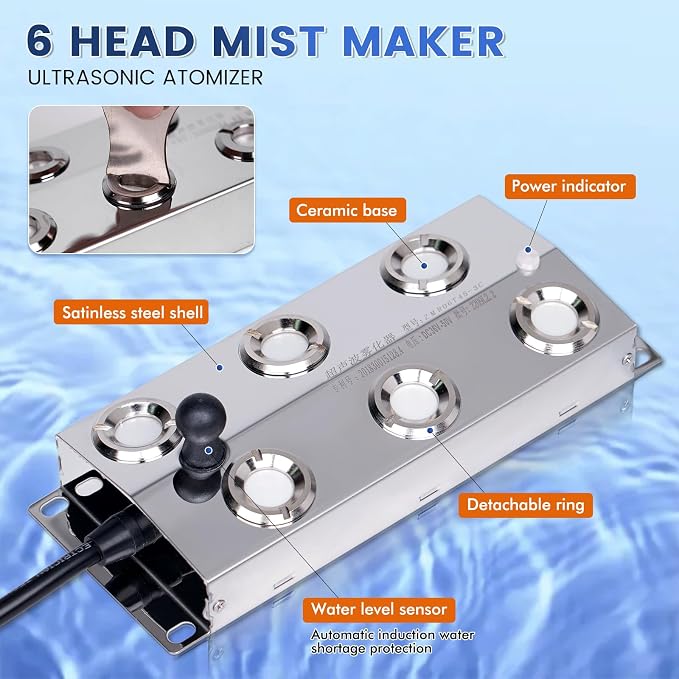 Ultrasonic Mist Maker 6 Head, 4500mL/H Pond Fogger with 250W Power Supply, Buoy, Replacement Discs, for Pond, Garden, Rockery, Greenhouse,Mushroom Halloween Decoration (6 Heads)