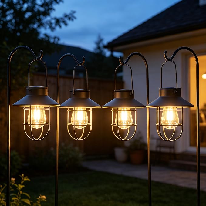 Solar Lanterns Outdoor Waterproof,4pack Hanging Solar Lights Lantern Lamp with Shepherd Hook, Metal Waterproof Edison Bulb Lights for Garden Outdoor Pathway