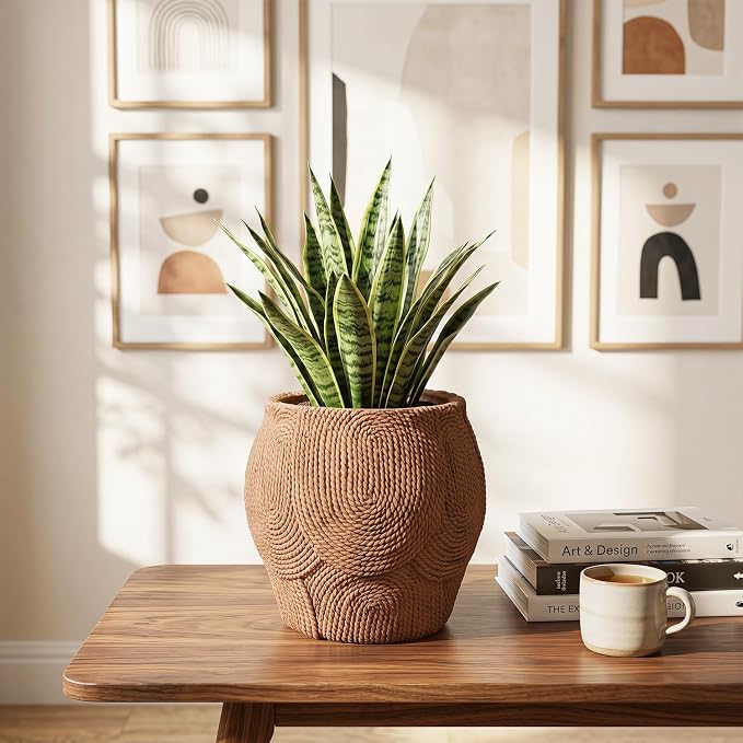 10.6" H x 11" Dia Fiberstone Planter Pot with Drainage Hole, Decorative Flower Pot for Indoor Outdoor Plants, Handcrafted Rope Texture Planter for Patio, Porch, Garden, Home Decor & Artificial Plants
