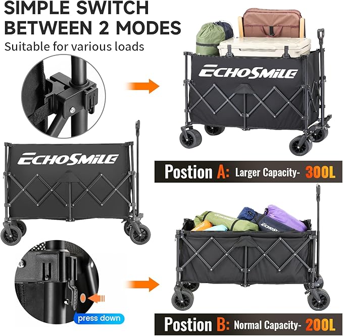 EchoSmile Collapsible Foldable Extended Wagon with 500Lbs Weight Capacity, 300L Folding Utility Wagon Cart with Big All-Terrain Wheels for Beach,Sport,Garden&Grocery (Black)