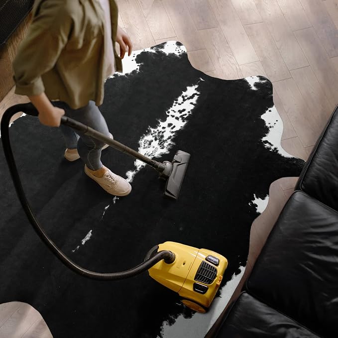 AROGAN Faux Cowhide Rug, Cow Print Animal Area Rug, 5.2x6.2 Ft Black | Premium Cow Hide Carpet, Western Rug for Bedroom Living Room Decor, Durable Faux Cow Skin Cowhide Area Rug