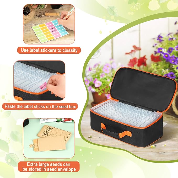 15 Slots Seed Storage Box with 20 Seed Envelopes, Large Capacity Seeds Organizer Container with Zipper Bag Label Stickers, Seeds Saving Container for Garden Vegetable and Flower (Orange)