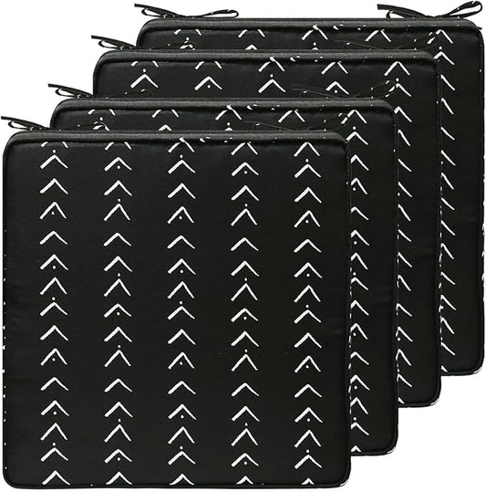 19 x 19 Inch Outdoor Chair Cushions with Tie Straps, Set of 4 Thick Water Repellent Square Patio Chair Pads for Garden Lawn Patio Furniture, Noir Trace
