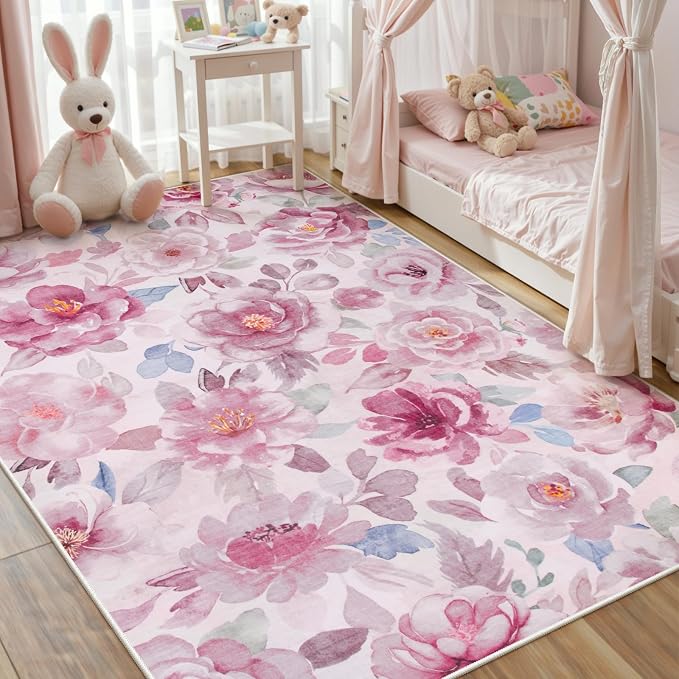 Lahome Pink Floral Area Rug 5x7 for Living Room and Girls Bedroom, Boho | Machine Washable, Non Slip Vintage Low Pile Large Throw Carpet for Dining Room Office