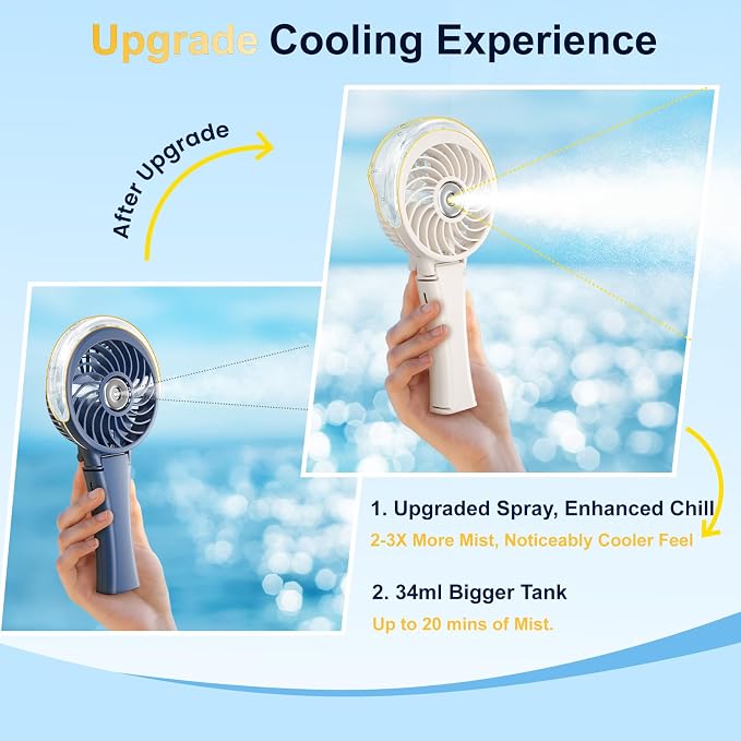 HandFan Upgraded Portable Handheld Misting Fan, Personal Mister Fan Rechargeable, Spray Water Mist Fans, Foldable Mini Cooling Hand Fans for Summer, Beach, Travel, Outdoors, Makeup, Disney(Beige)