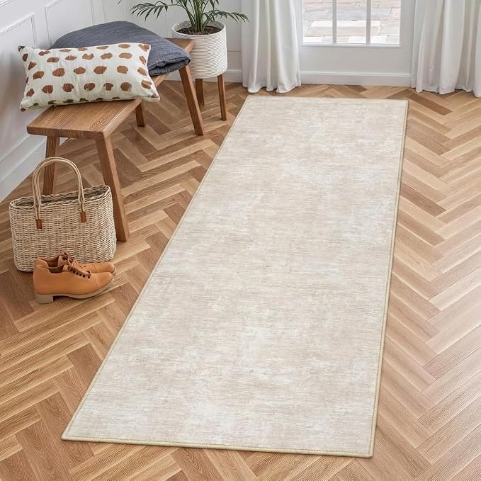 GarveeHome 2x6 Runner Rug Modern Washable Kitchen Rugs, Non Slip Non Shedding Solid Color Accent Rug Stain Resistant Low Pile Floor Cover, Contemporary Foldable Thin Mats for Bathroom, Hallway, Beige