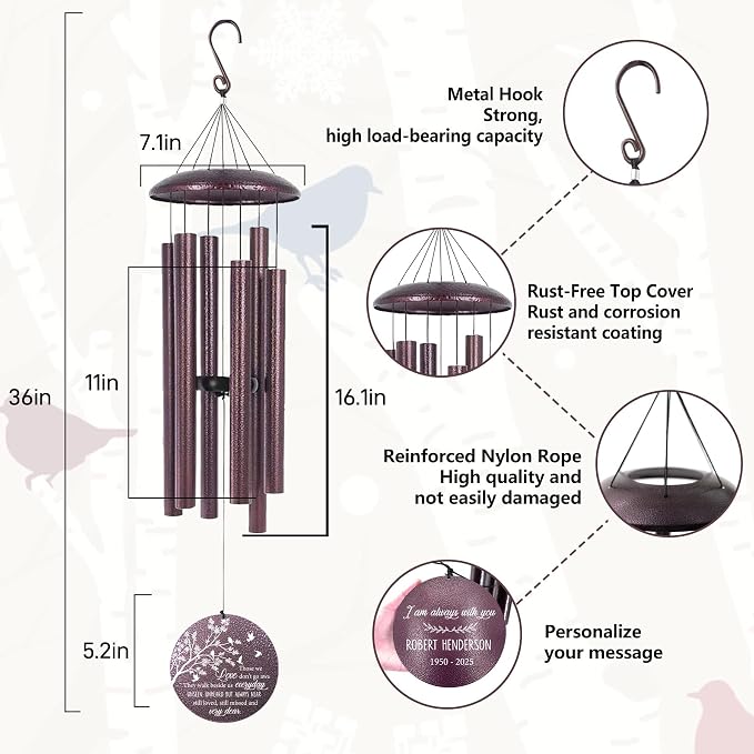 ASTARIN 36" Deep Tone Personalized Wind Chime Memorial, Tree of Life Custom Sympathy Gifts for Loss of Mom/Dad, Bird Remembrance Wind Chimes for Grieving Funeral Condolences(Produced in Texas)