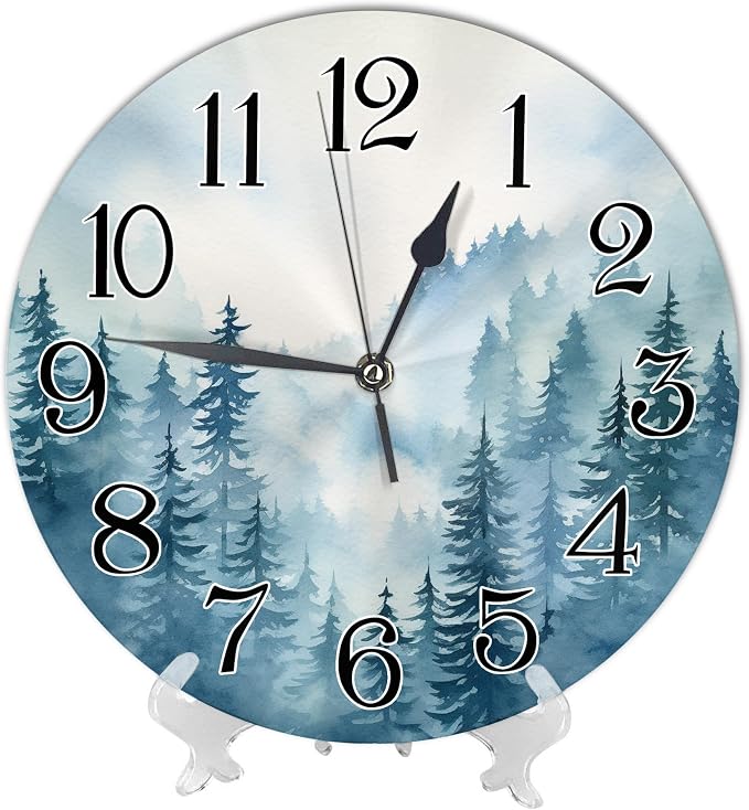 Forest Frameless Wall Clock Misty Mountain Nature Scenic with Foggy Woods and Pine Trees Light Blue White PVC Waterproof Non Ticking Bathroom Bedroom Battery Operated Wall Clock 10x10 Inch