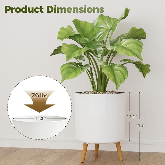 Bamworld Self Watering Pots for Indoor Plants with Water Level Indicator 12 inch Plant Pot Plastic Planter with Wooden Stand for Outdoor Plants Modern Décor for Porch Patio White Large