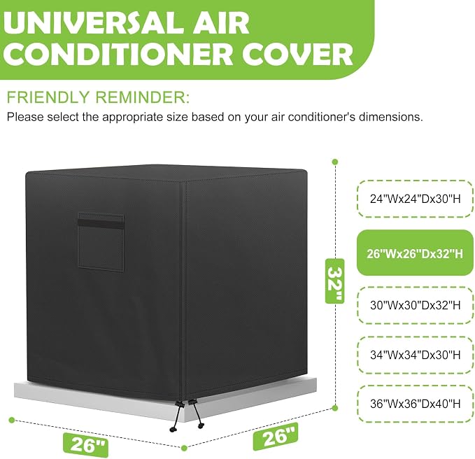 Central Air Conditioner Cover for Outside Units, AC Covers for Outside,Waterproof & Windproof Outdoor AC Units Cover, Black (26''x26''x32'')