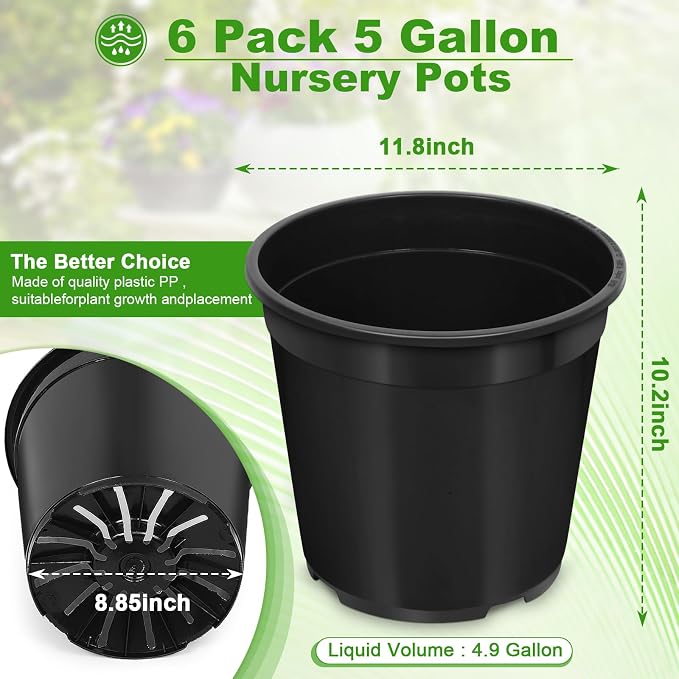 6 Pack 5 Gallon Pots for Plants, 5 Gallon Plastic Nursery Pot with Drainage Holes, Sturdy Plastic Plant Pots for Nursery Garden, Flowers, Succulent Outdoor Indoor (Black, 5 Gal- 6 Pack)