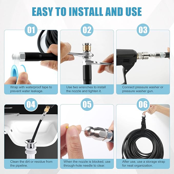 Sewer Jetter Kit for Pressure Washer 100FT, 5800 PSI Power Washer Drain Jetter Cleaner Hose with 1/4 Inch NPT Corner Rotating Nozzle and 4 Different Button Hose Sewer Jet Nozzles Cleaning Sewage Pipes