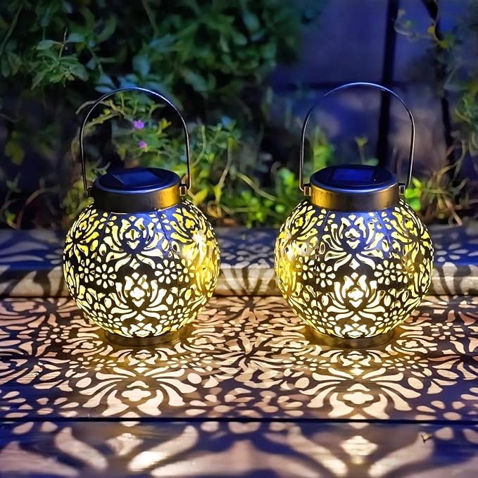 2 Pack Outdoor Solar Hanging Lantern Lights Metal LED Decorative Lamp for Garden Patio Courtyard Lawn and Table with Hollowed-Out Design (Antique Bronze)