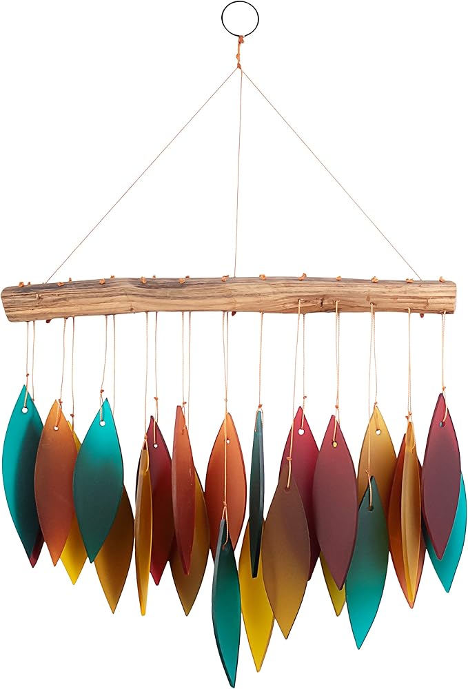 Blue Handworks Santa Fe Glass Leaves Wind Chime | Sandblasted Glass and Found Wood Handcrafted Wind Chime