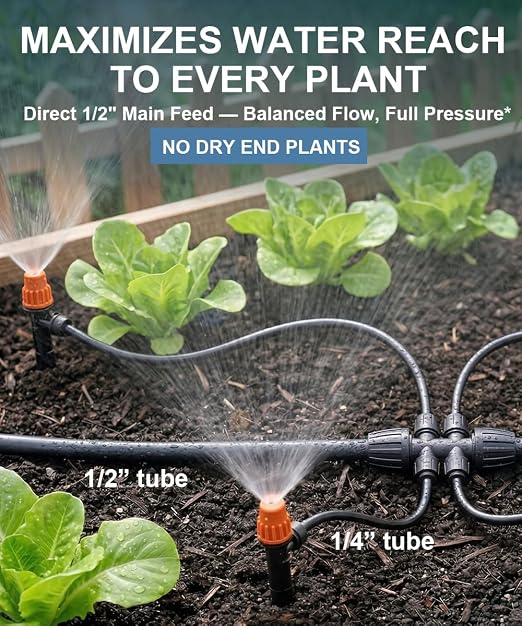 1/2" Drip Irrigation System Kit with 55 Adjustable Nozzles, PE UV-Resistant | Quick-connect, 2X Lifespan of PVC , Leak-Proof for Indoor Pots, 50FT 1/2" Main tube+ 197FT 1/4" Tube, 4 Nozzle Types