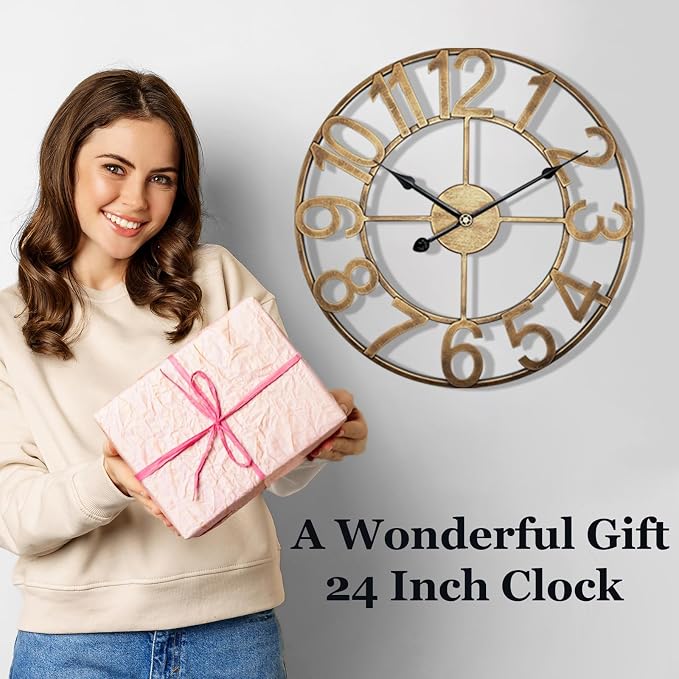 24 Inch Large Outdoor Clock for Patio, Porch, Pool Area, Indoor Outdoor Wall Clock Waterproof Silent Analog Battery Operated for Kitchen, Living Room Decor - Vintage Gold