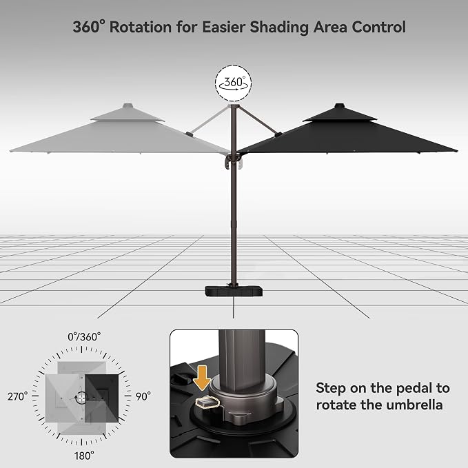 9x12FT Black Cantilever Outdoor Patio Umbrella with Base, Large Rectangular Offset Design, Double Top Heavy Duty Aluminum Frame & 360° Rotation for Pool Garden Deck Backyard