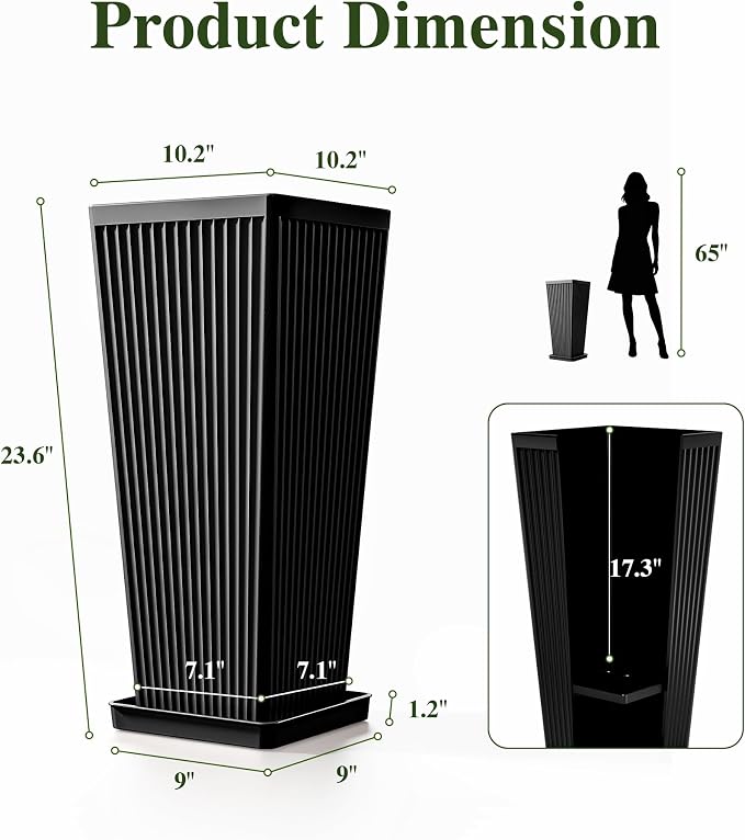 Square Tall Planters for Outdoor Plants Set of 2 - Fluted Large Outdoor Planters for Porch with Tray Saucers and Drainage Holes, Tapered Tall Indoor Flower Pots for Patio Garden, Black
