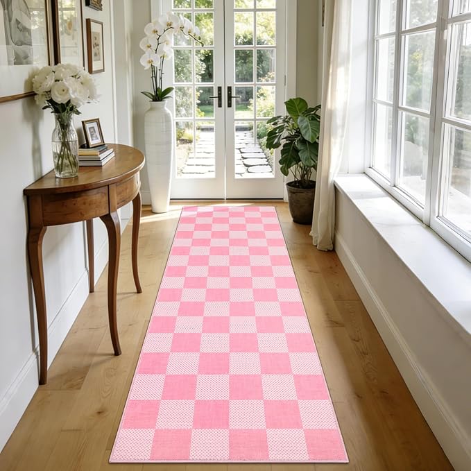 GarveeHome Checkered Pink 2x6 Washable Kitchen Runner Rug Low-Pile Entryway | Pink and White Small Area Rug for Hallway Bedroom Bathroom Non-Slip Stain Resistant Geometric Rugs TPE Backing