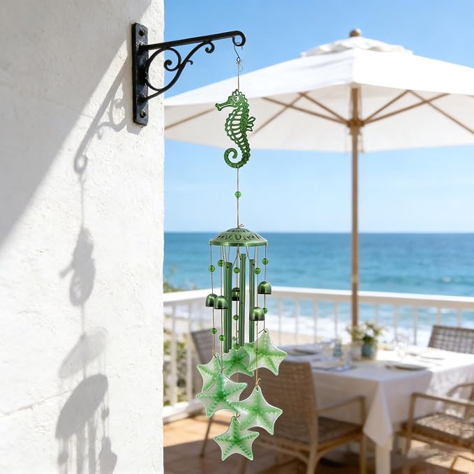 Glass Sea Horse Windchimes Unique Metal Wind Chimes for Outside Pendant | Seaside Memorial Windchimes Outdoors, Seahorse Outdoor Metal Wind Chimes, Home Gifts for Women Men, Patio Porch Garden Decor