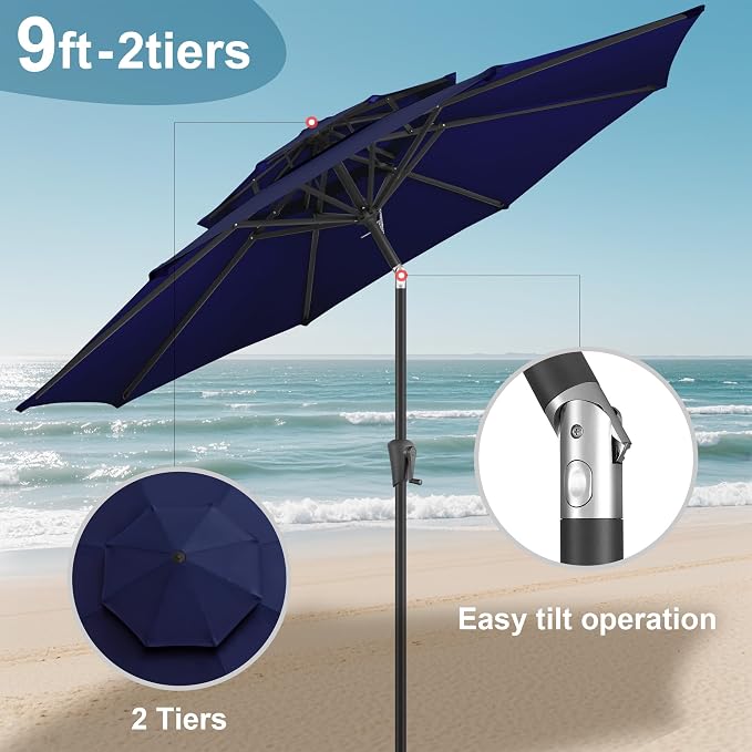 FLAME&SHADE 9ft Patio Umbrella - 2 Tiers Outdoor Umbrella with Push Button Tilt and Crank for UV Protection, Table Market Umbrella for Garden, Deck, Backyard, Pool and Beach(Navy Blue)