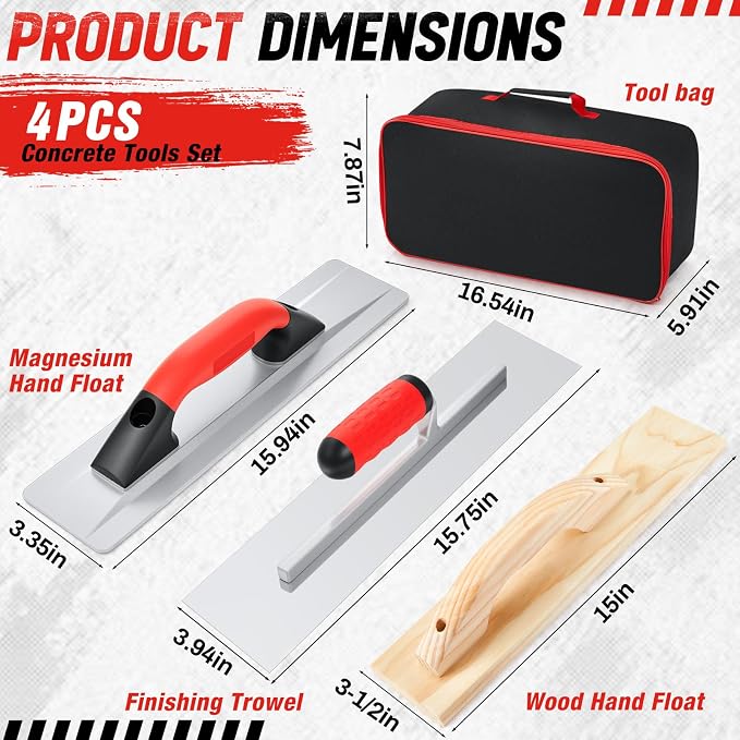 MorningRo 4 Pcs Concrete Tools Set Includes Cement Magnesium Hand Float 16'' x 3-1/8'' Wood Hand Float Finishing Trowel 15'' x 3-1/2'' Stainless Steel Finishing Trowel 16'' x 4'' and Tool Bag