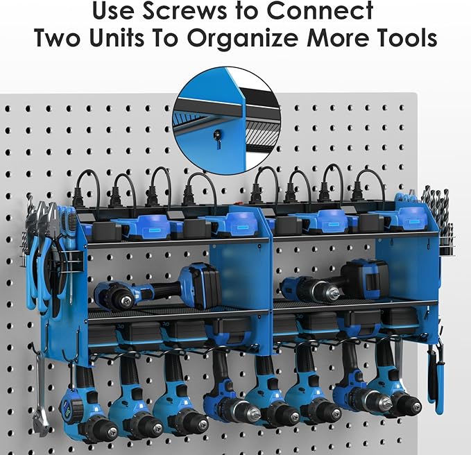 CCCEI Wall Mount Modular Tool Charging Organizer, Blue, 1 Pack, 3 Tier. | Drill Battery Storage Rack with Hooks, Garage Workshop, Gifts for Men, Dad, Husband Anniversary, Birthday, Christmas