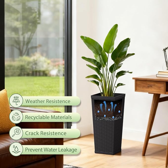 24 Inch Tall Plastic Planters (Set of 2), Detachable Inner Pot & Drainage Holes, Outdoor Decorative Flower Pots for Large Plants, Trees, Patio, and Garden, Black