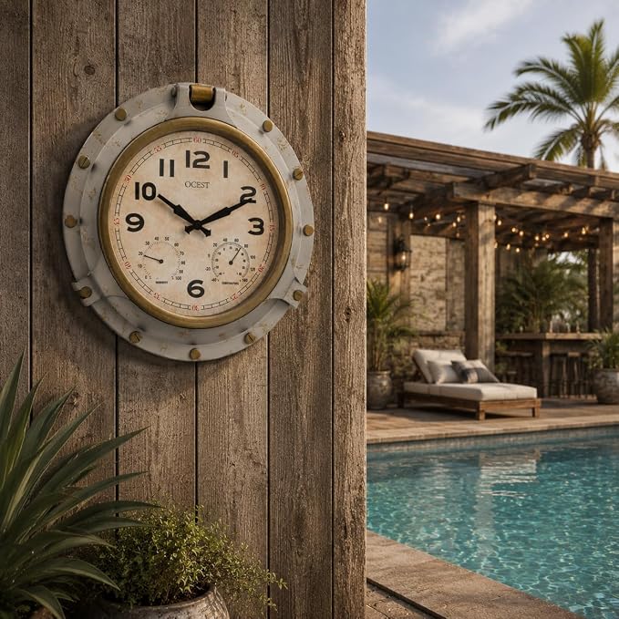 OCEST 18 Inch Outdoor Wall Clock with Thermometer and Hygrometer, Lightweight Waterproof Silent Clock with Large Easy-to-Read Numbers for Patio, Garden & Porch, Vintage Style
