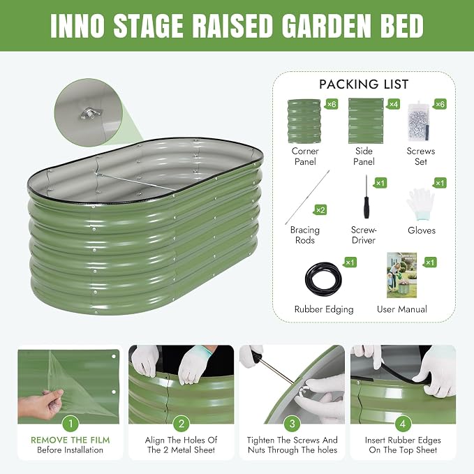 INNO STAGE Galvanized Raised Garden Bed Kits, 4x2x1.4FT Metal Raised Beds Outdoor for Gardening, 17'' Tall Large Steel Raised Planter Bed for Vegetables & Flowers Patio Ground Planter Box - Green