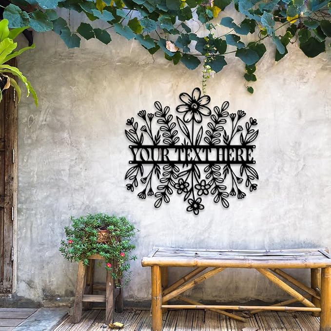 MeMate Custom Name Garden Sign - Metal Flowers Art Decoration, Personalized, 8-24 Inches, Housewarming Gift
