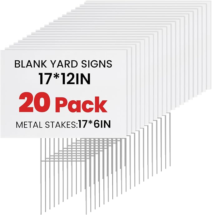 20 Pack Yard Signs with Metal Stakes, Custom Yard 17 x 12 Inches, Corrugated Plastic Board for Sale Sign Outdoor, Rent, Guidepost, Garage Sale Signs, Birthday Party